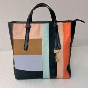 Colorblock Leather Tote Bag in Black, Peach, Mint & Orange